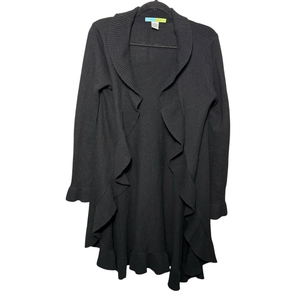 Beth Bowley Wool Blend Open Front‎ Black Cardigan Size Medium Ruffles Classic